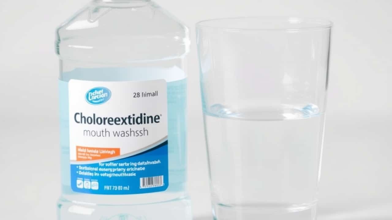 fotografía de producto de un vaso de clorhexidina junto a un vaso de vidrio con agua