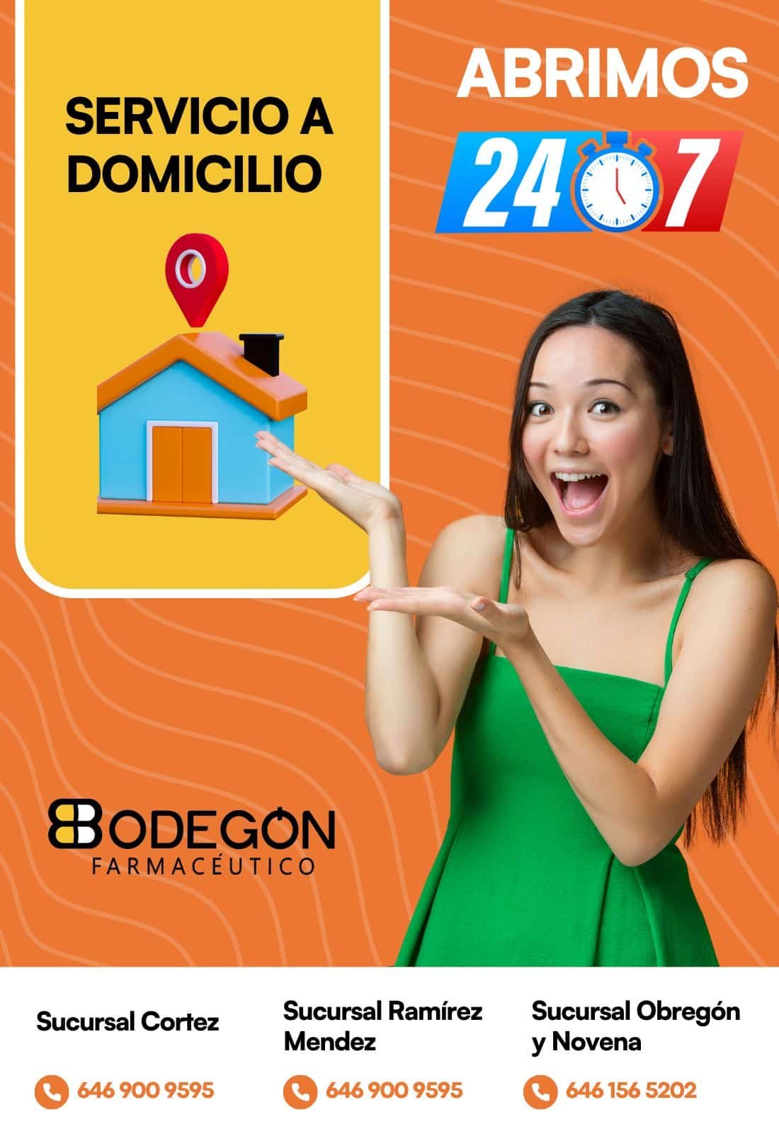 Imagen promocional de una farmacia en Ensenada con servicio a domicilio y atención 24 horas, mostrando contacto y sucursales