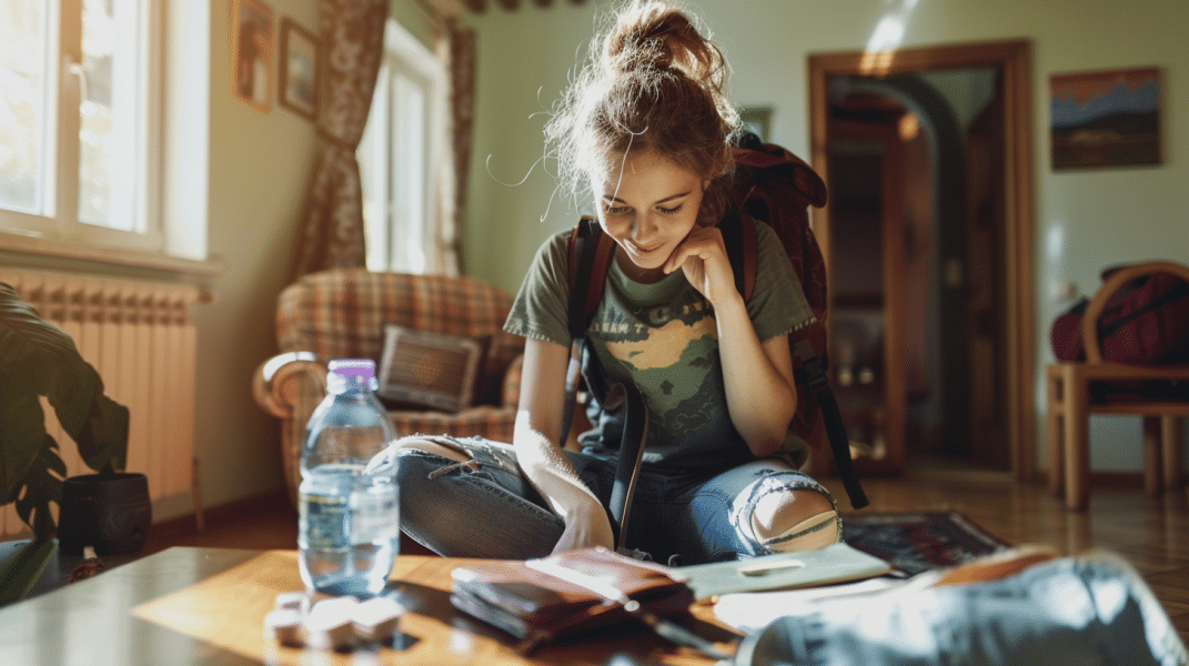 fotografía realista de mujer tomando pastillas para el mareo antes de emprender un viaje 